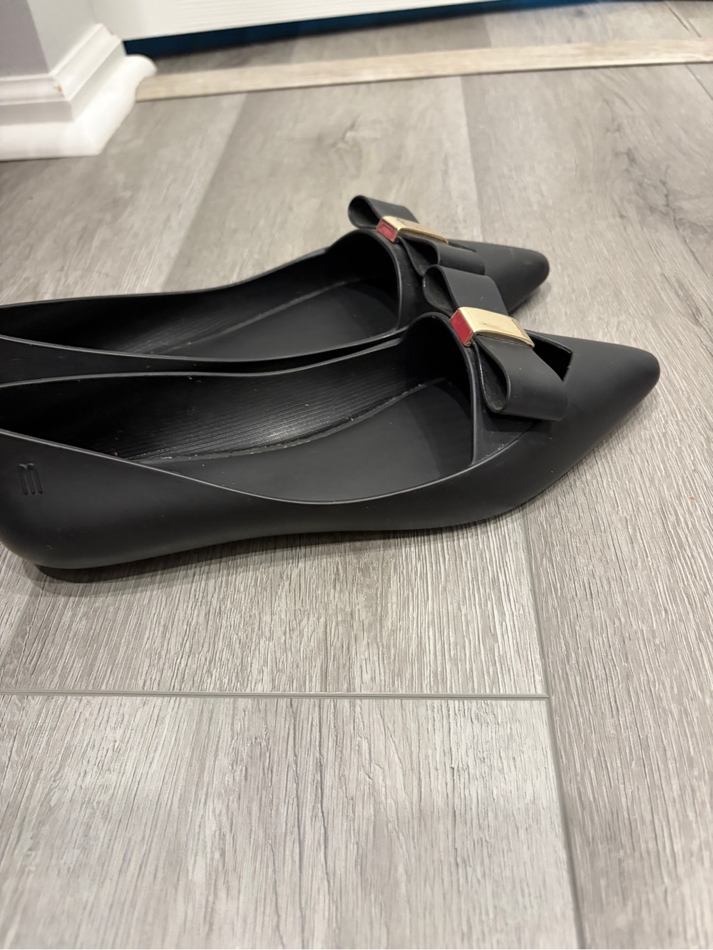 Melissa Black Pointed Bow Flats with Gold Accent